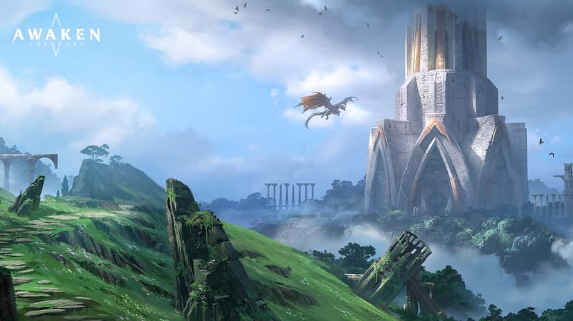 Dragon flies past a massive white tower over rolling green hills and ancient ruins under a cloudy blue sky.
