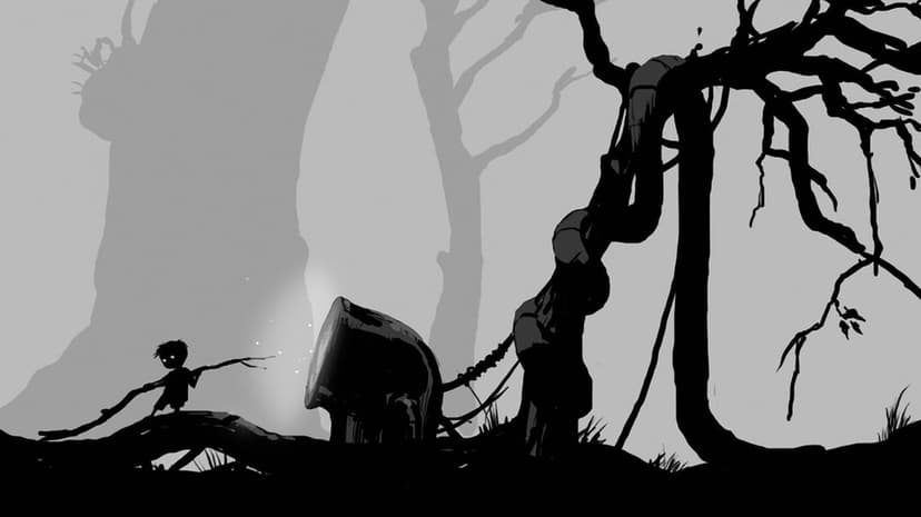 Small silhouetted boy with glowing eyes holds a stick near a dark machine in a misty monochrome forest.