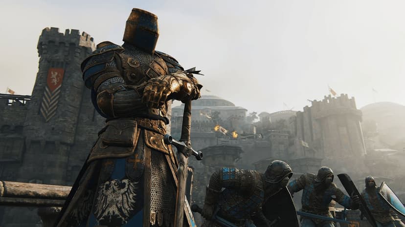 A knight in blue and gold armor stands before a medieval castle siege with charging soldiers in the background.