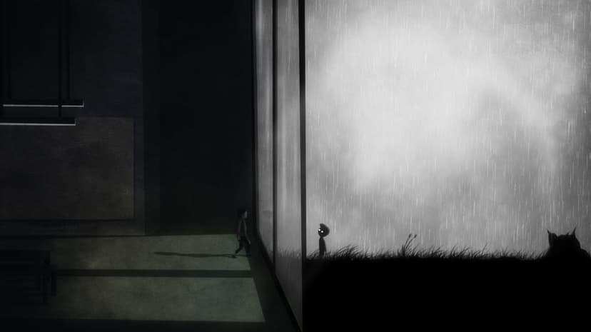 Dark split-screen illustration of two silhouetted children separated by glass in a rainy, minimalist landscape.