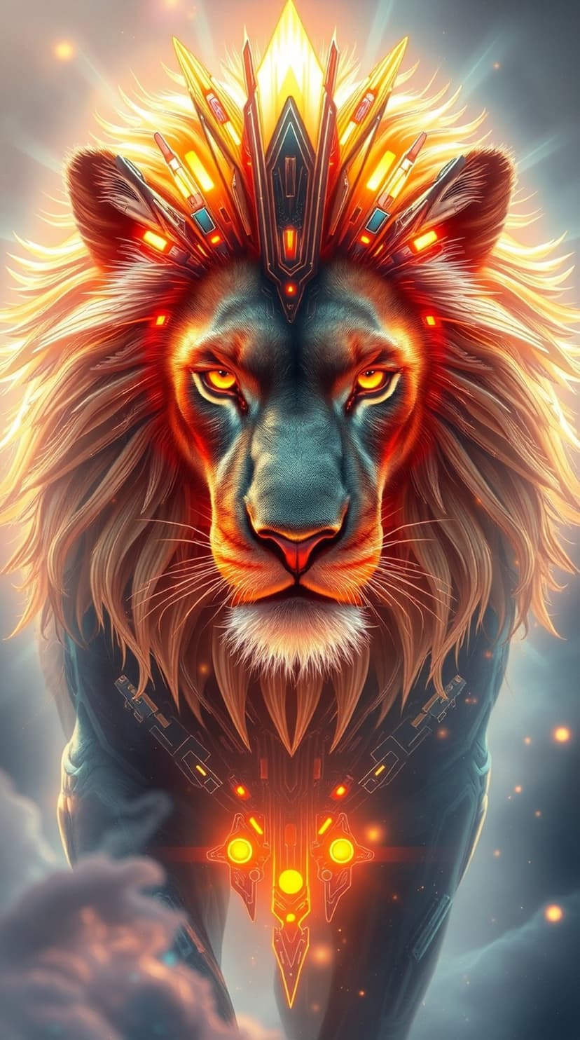 Lion wearing a glowing futuristic crown with blue neon markings and a vibrant red mane against soft clouds.
