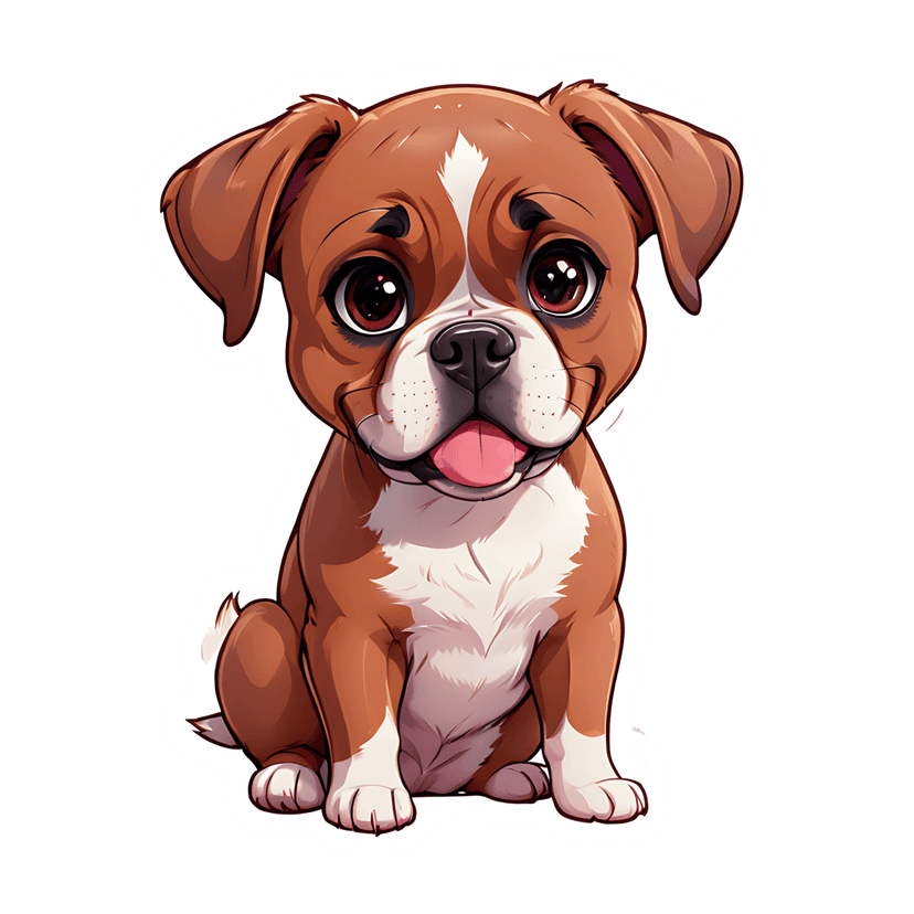 Caramel puppy sticker illustration shows a brown dog with glossy eyes and pink tongue on a black background.