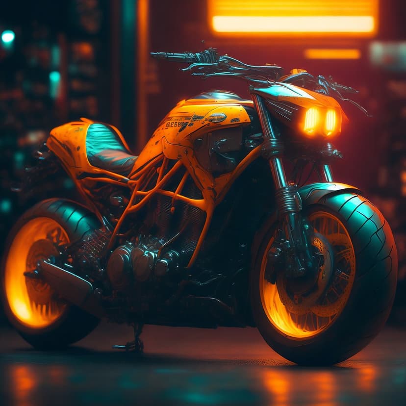 Orange motorcycle with glowing wheels and LED headlights stands in a dark room with neon light reflections.