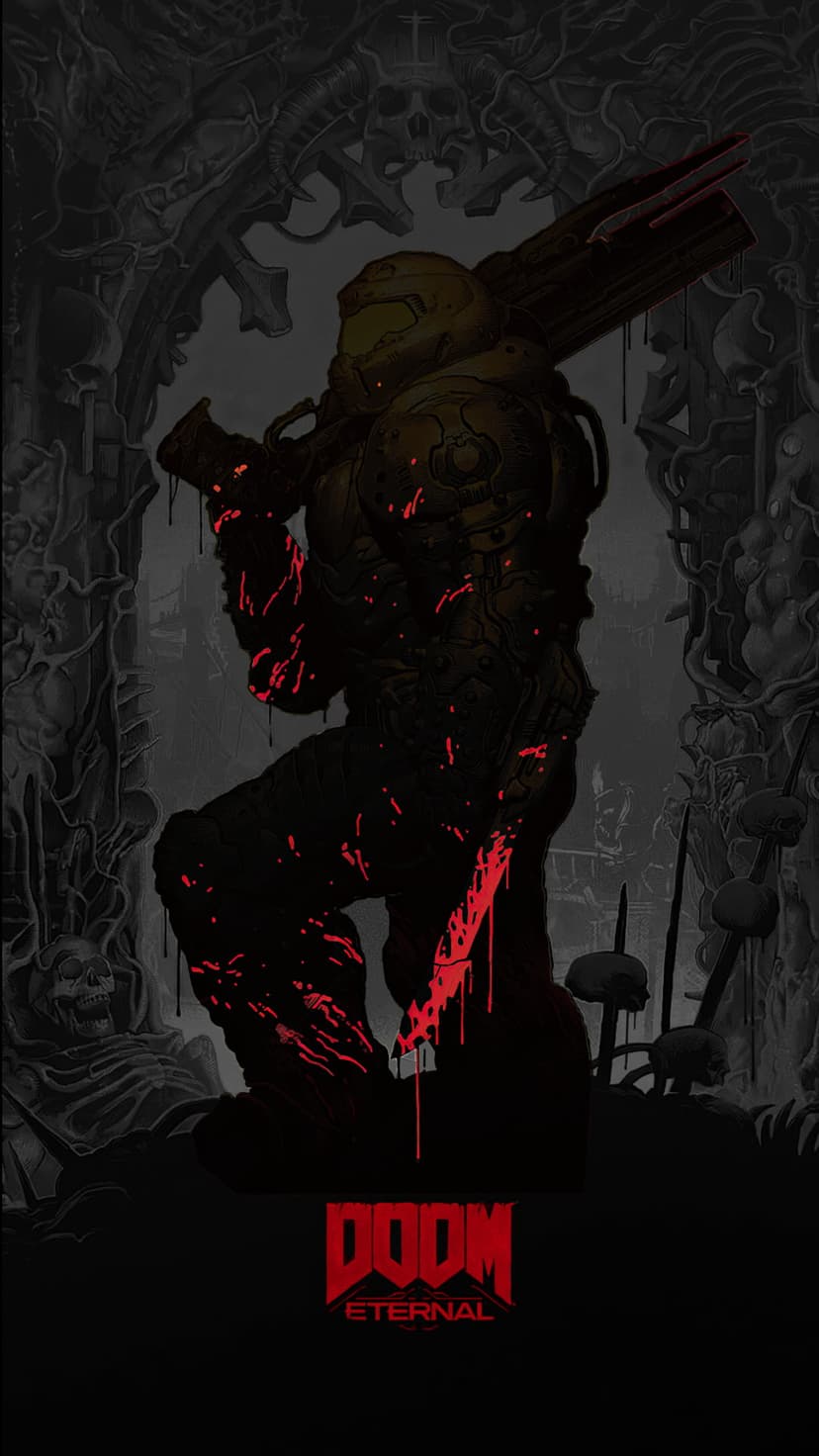 Doom Slayer stands in blood-splattered green armor against a dark demonic background with red atmospheric lighting.