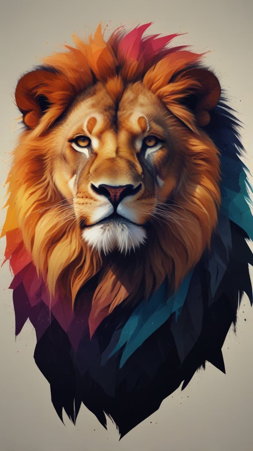 Lion face with a flowing mane of rainbow colors including blue and orange against a dark artistic background.