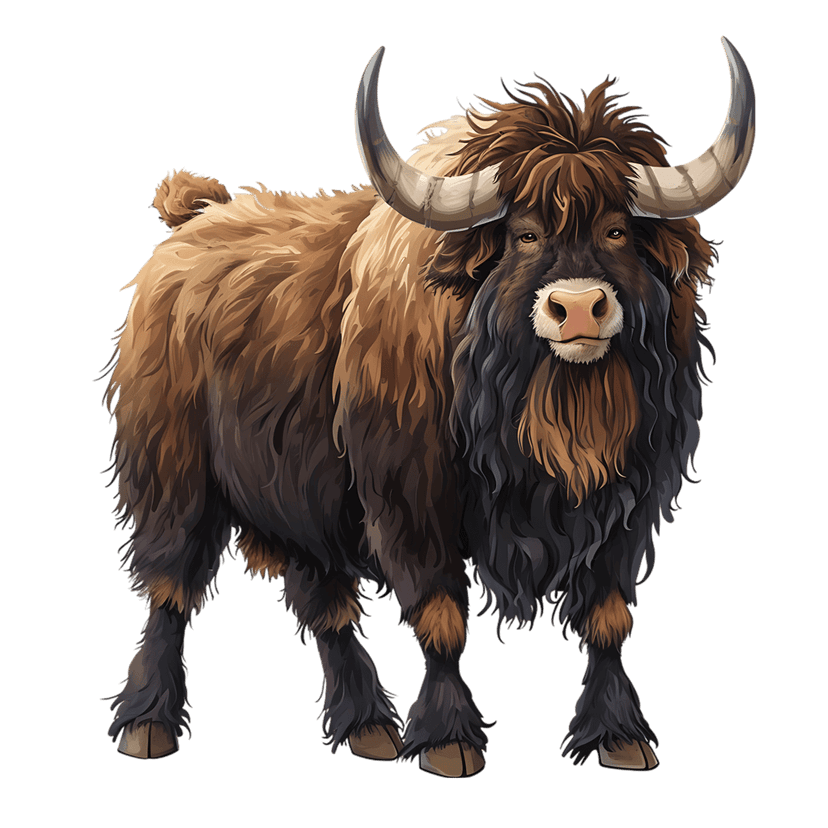 Brown yak with thick shaggy fur and massive curved horns stands against a black background in a studio pose.