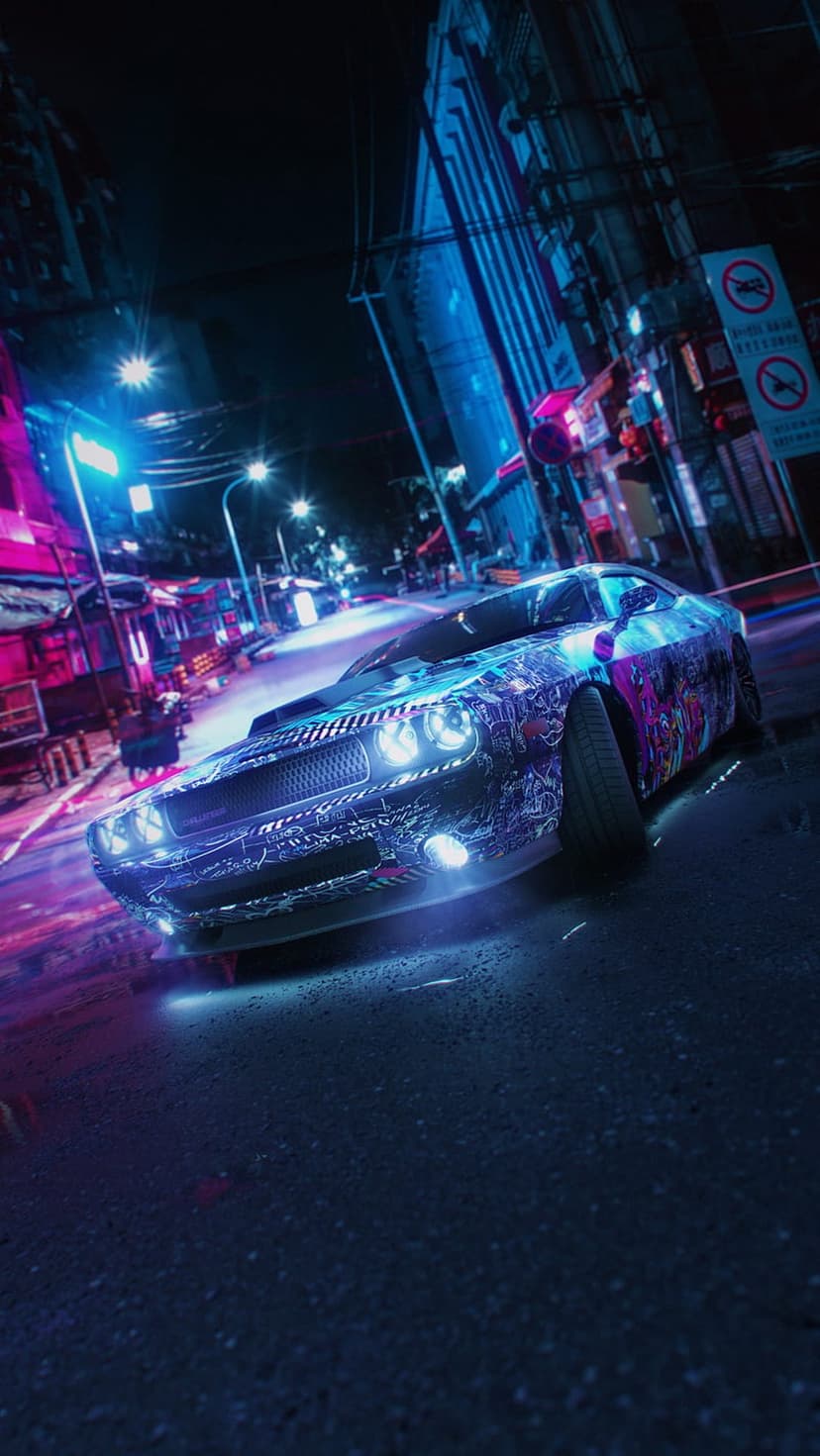 Cyberpunk car with glowing lights on a rainy street reflecting vibrant neon signs from nearby skyscrapers.