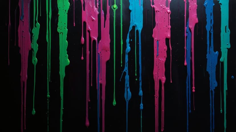 Neon pink, blue, and green paint drips flowing vertically against a solid black background with fluid textures.