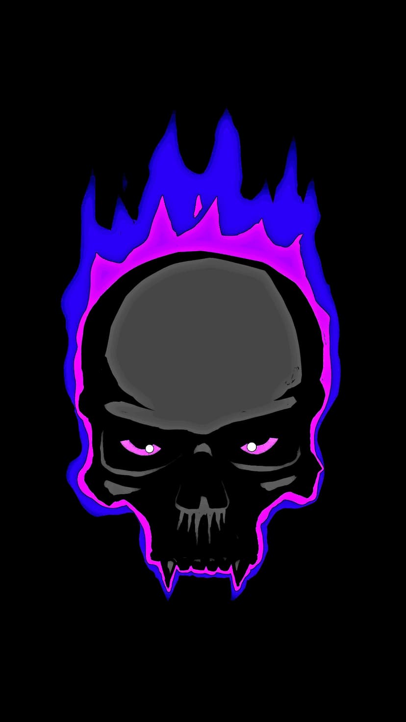 Human skull with glowing pink eyes surrounded by swirling purple and neon blue flames on a black background.