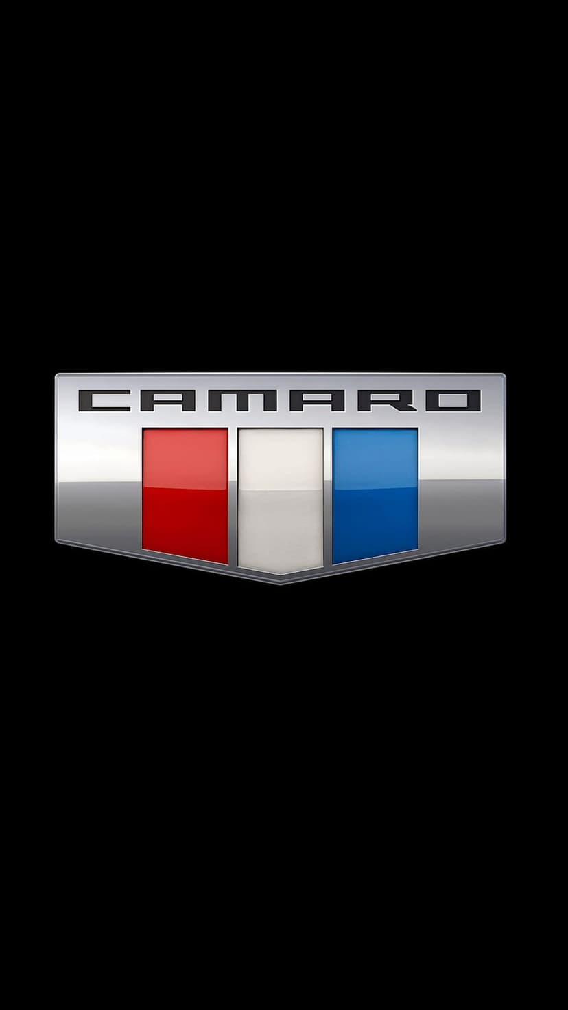 Silver Camaro text emblem centered above vertical red, white, and blue stripes on a solid black background.