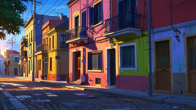 Colorful multi-story buildings line a narrow cobblestone street under the warm glow of a golden sunset sky.