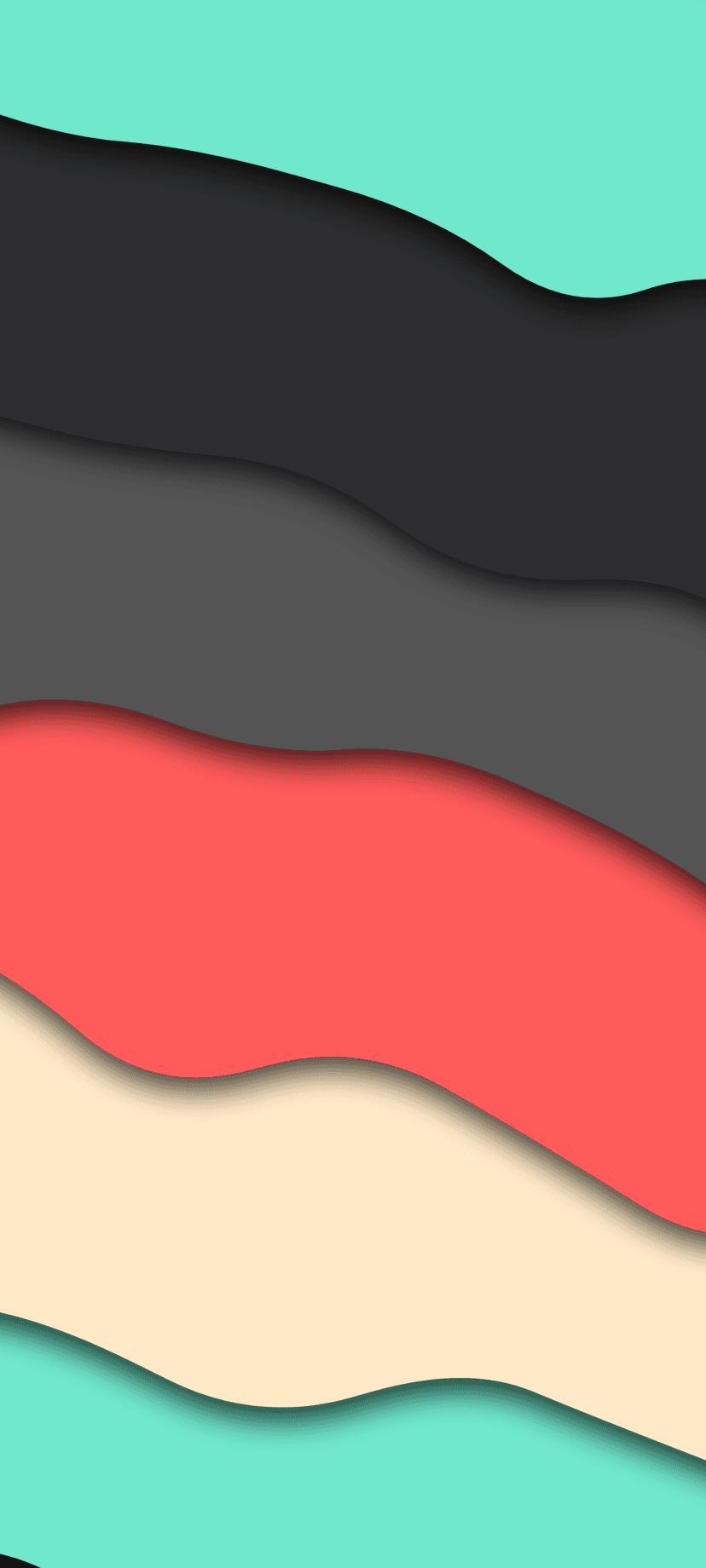 Overlapping teal, coral, and gray paper-cut shapes with soft drop shadows creating a sense of depth and layers.