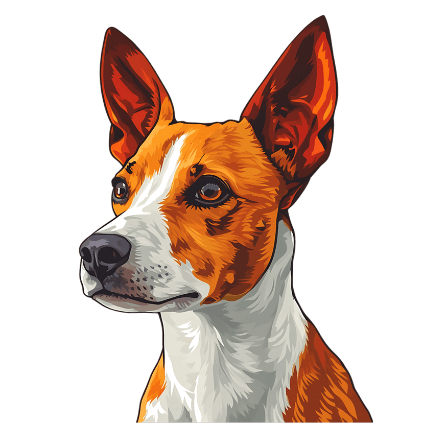 Basenji dog portrait with large upright ears and orange coat rendered in a bold digital illustration style.