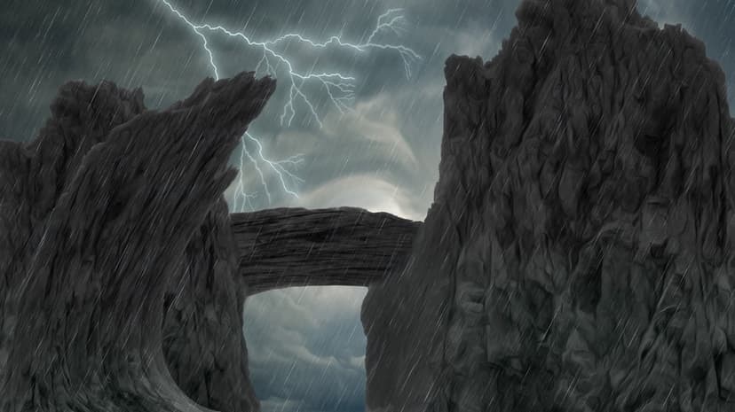Jagged rock arch under a purple lightning storm with heavy rain falling across dark mountain formations.