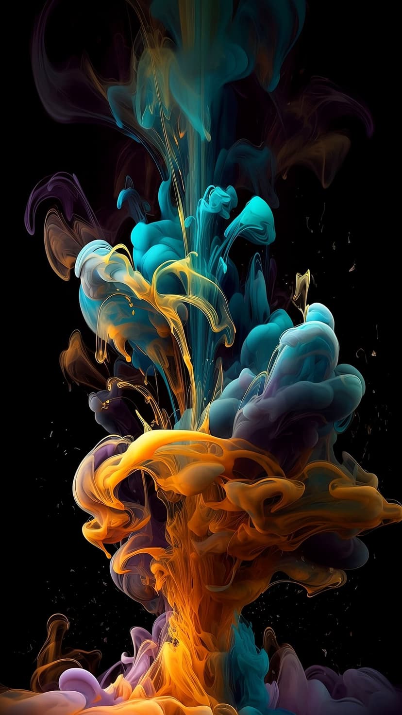 Teal, orange, and purple ink clouds swirl in water against a black background with detailed fluid textures.