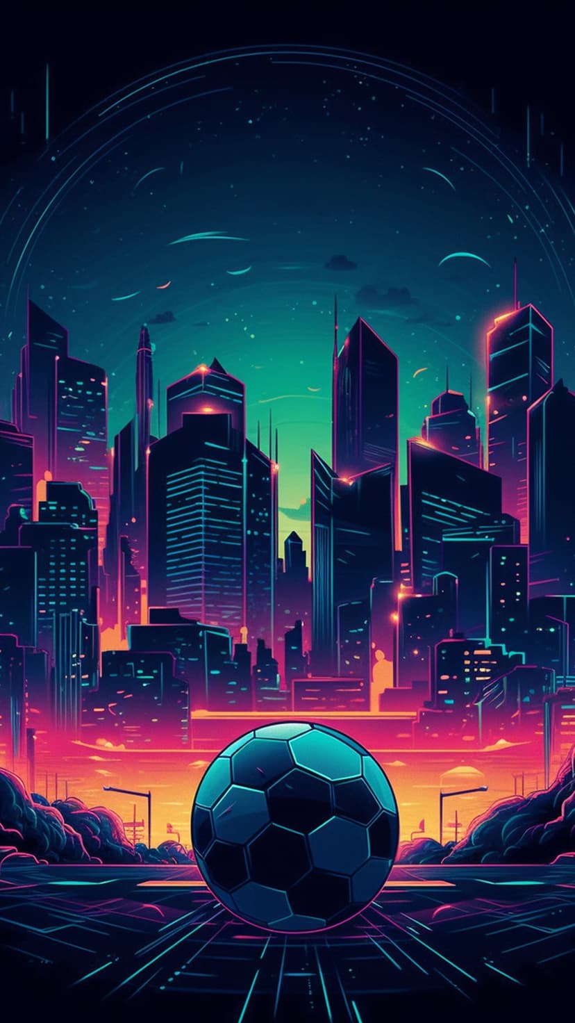 Large soccer ball on a glowing grid overlooking a neon pink and blue cyberpunk city with glowing skyscrapers.