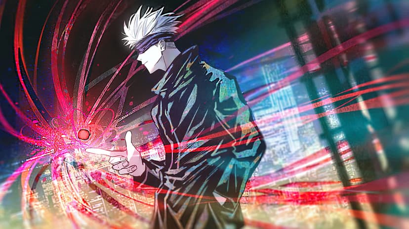 Satoru Gojo anime character wearing a black blindfold and dark uniform standing in a powerful front pose.
