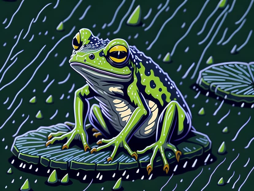 Green spotted frog with yellow eyes sits on a lily pad during rain in a dark pond with stylized water droplets.