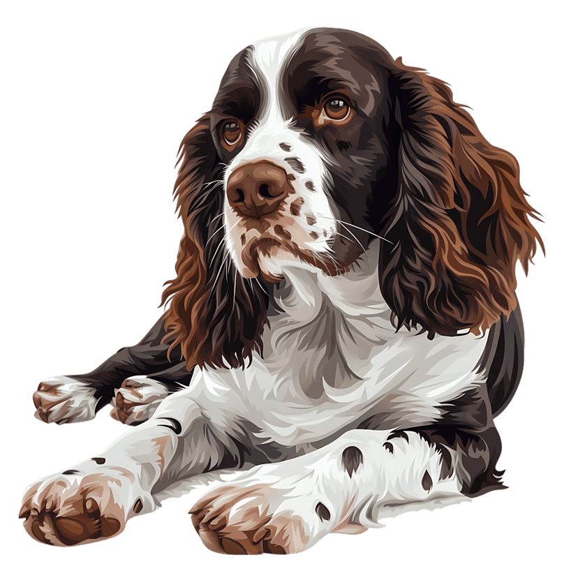 English Springer Spaniel with brown and white fur lies down in a detailed digital illustration with soft eyes.