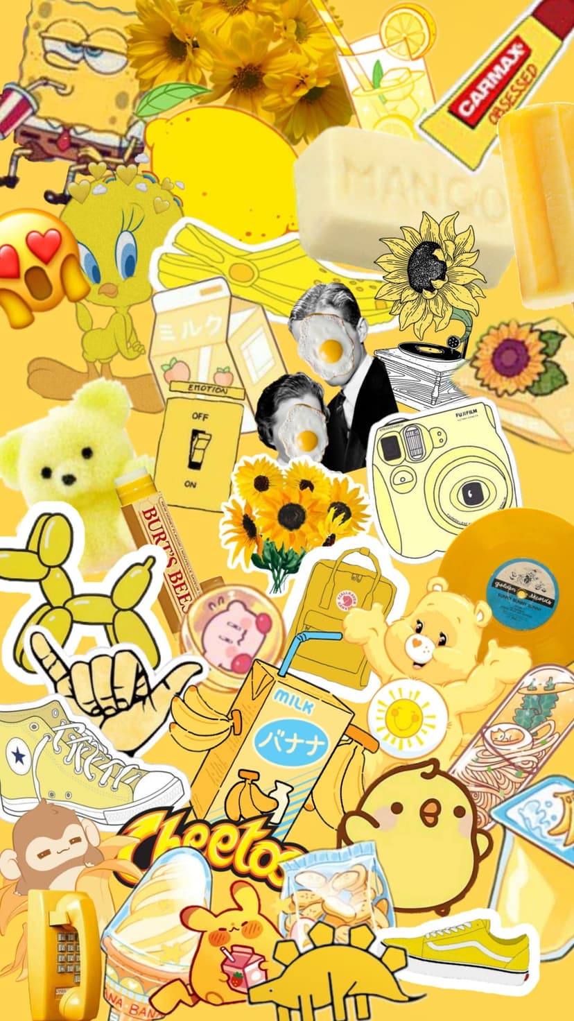 Spongebob and Tweety Bird appear in a yellow collage with a retro camera, banana, and vintage telephone.