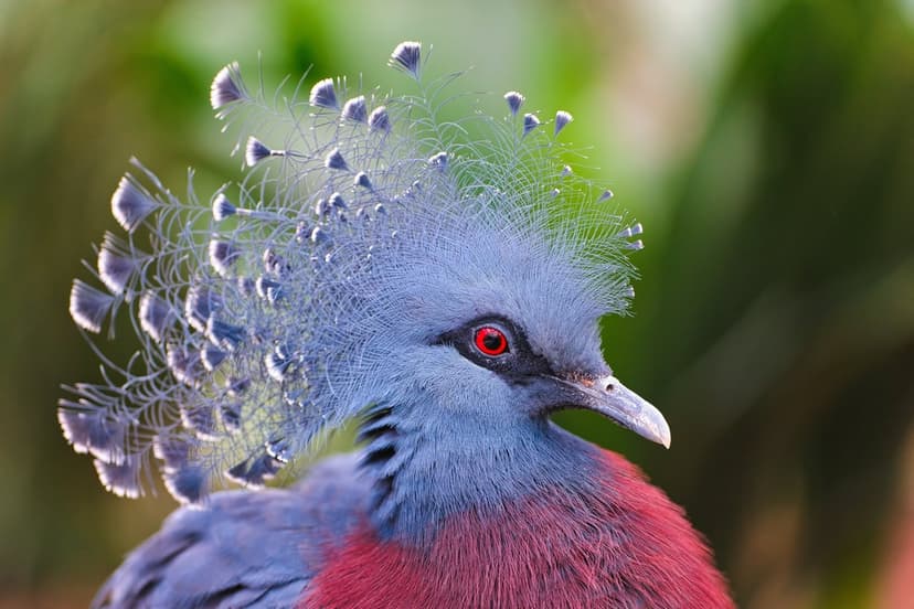 Victoria Crowned Pigeon with a blue lacy crest, red iris, and maroon plumage against a blurred green forest.