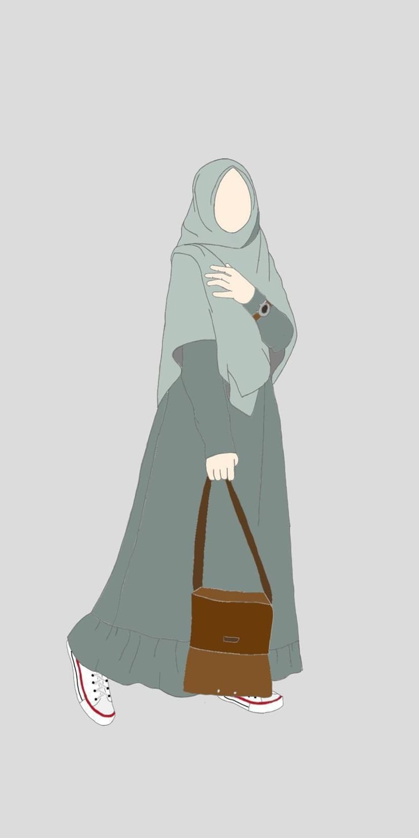 Muslim woman in a teal hijab and dress with a brown crossbody bag and white sneakers against a gray background.