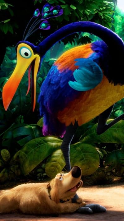 Kevin the colorful bird and Dug the dog in jungle
