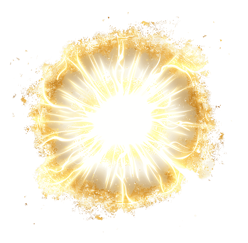 Golden light explosion featuring radiant sparks and luminous rays against a transparent background for layering.