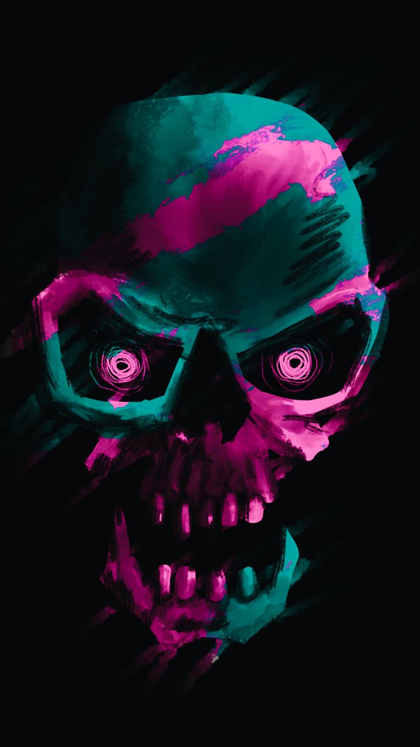 Neon teal and magenta human skull with thick, swirling paint textures on a dark, minimalist background.