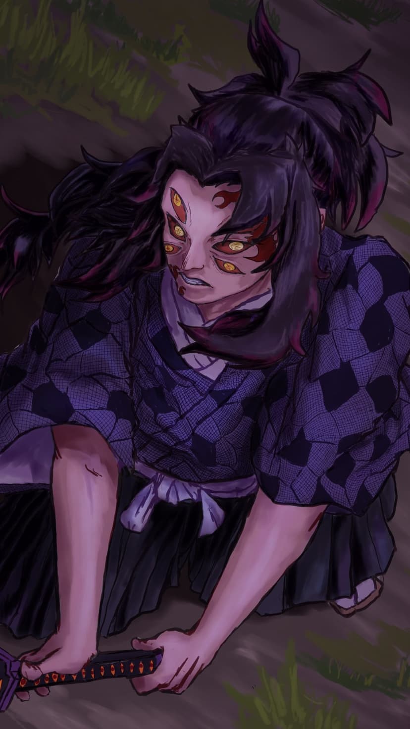 Kokushibo crouches with six red eyes, wearing a purple kimono and holding a sword against a dark background.