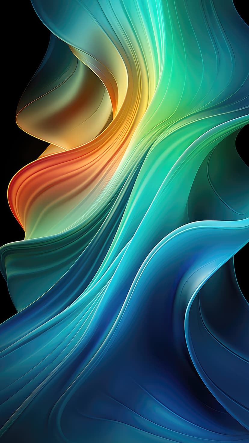 Swirling ribbons of orange, yellow, and blue light flow diagonally across a dark, high-contrast background.