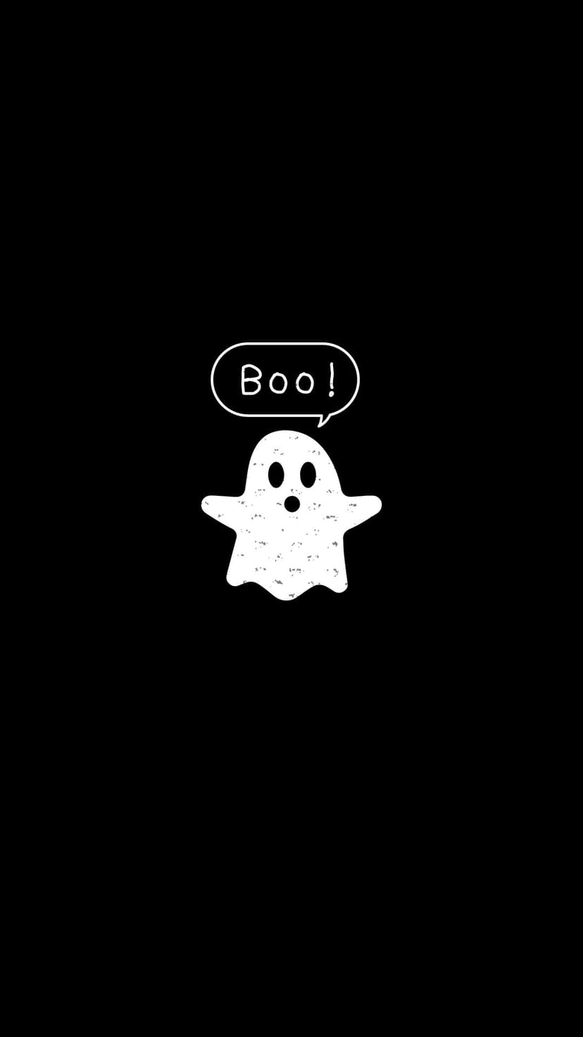 Small textured white ghost with a boo speech bubble floats in the center of a solid black background.