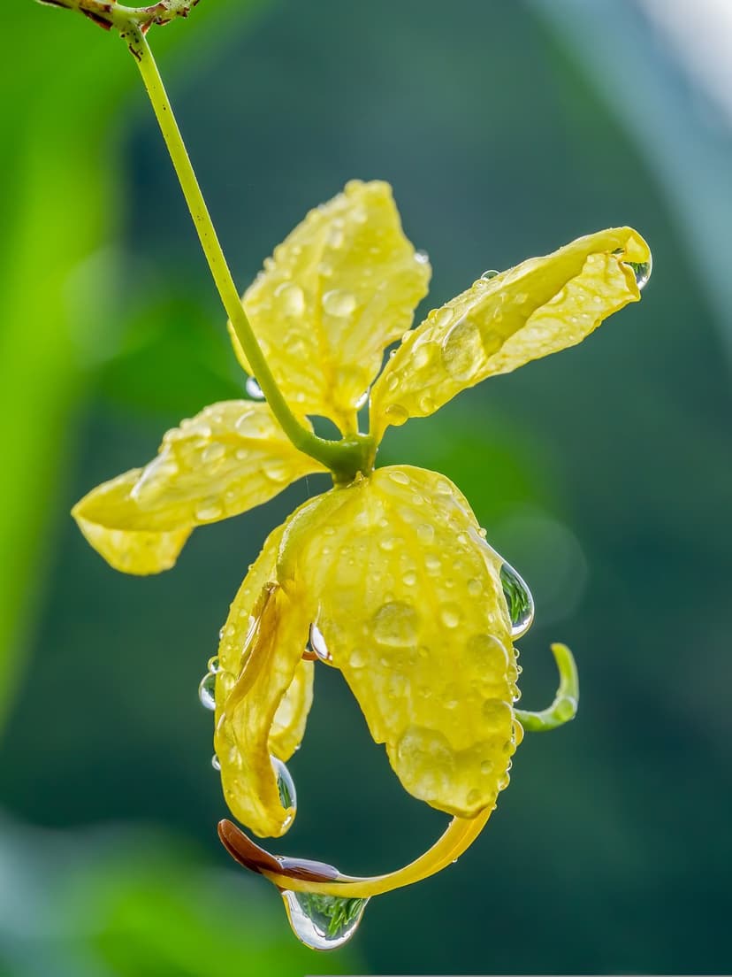 Yellow Cassia fistula flower with glistening water droplets on petals against a blurred green background.