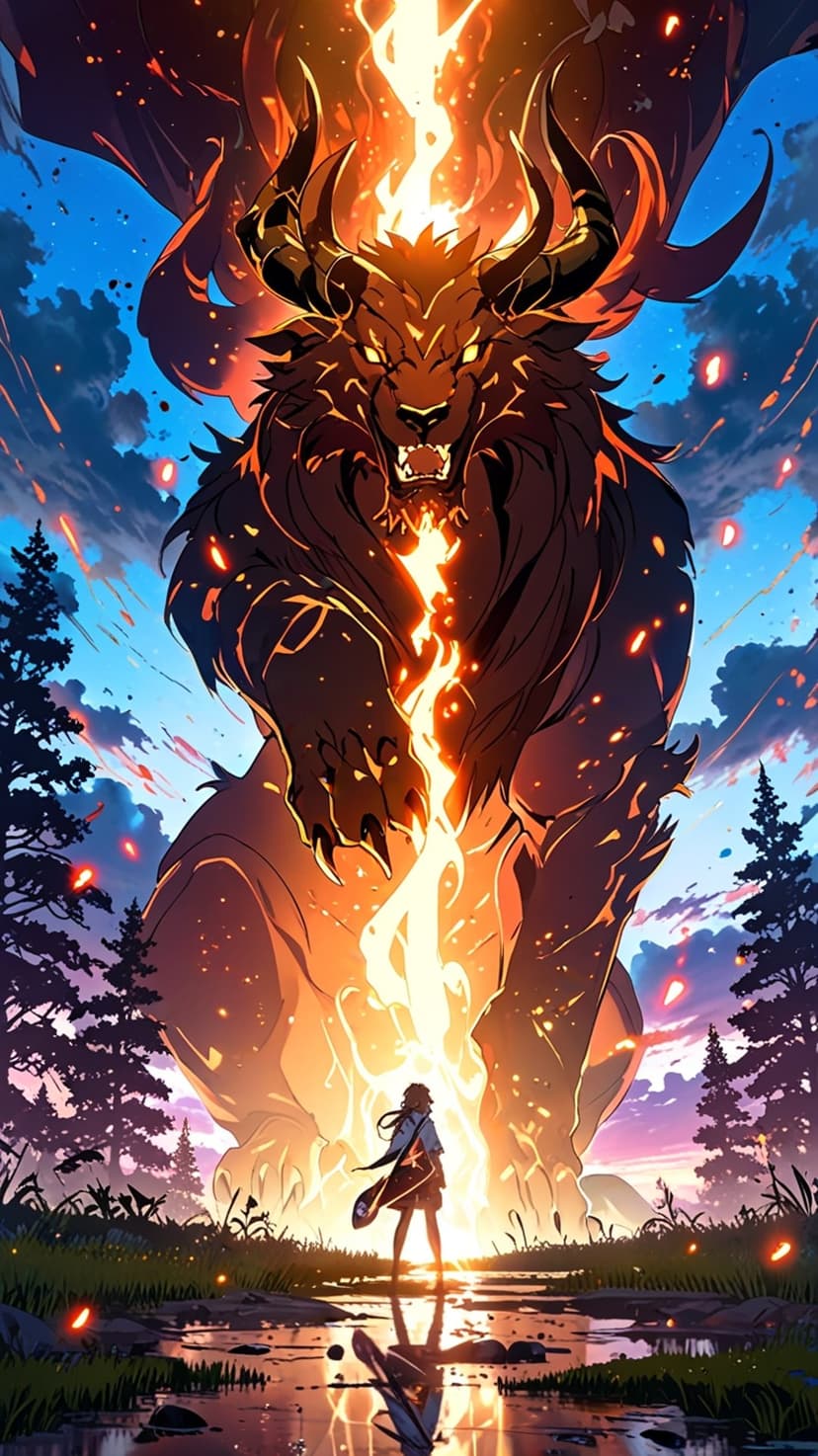 Horned fire giant towers over a small warrior with a sword against a sky filled with smoke and orange embers.