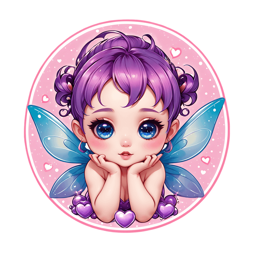 Chibi fairy character with purple hair and blue wings rests on a pink polka dot circular background.