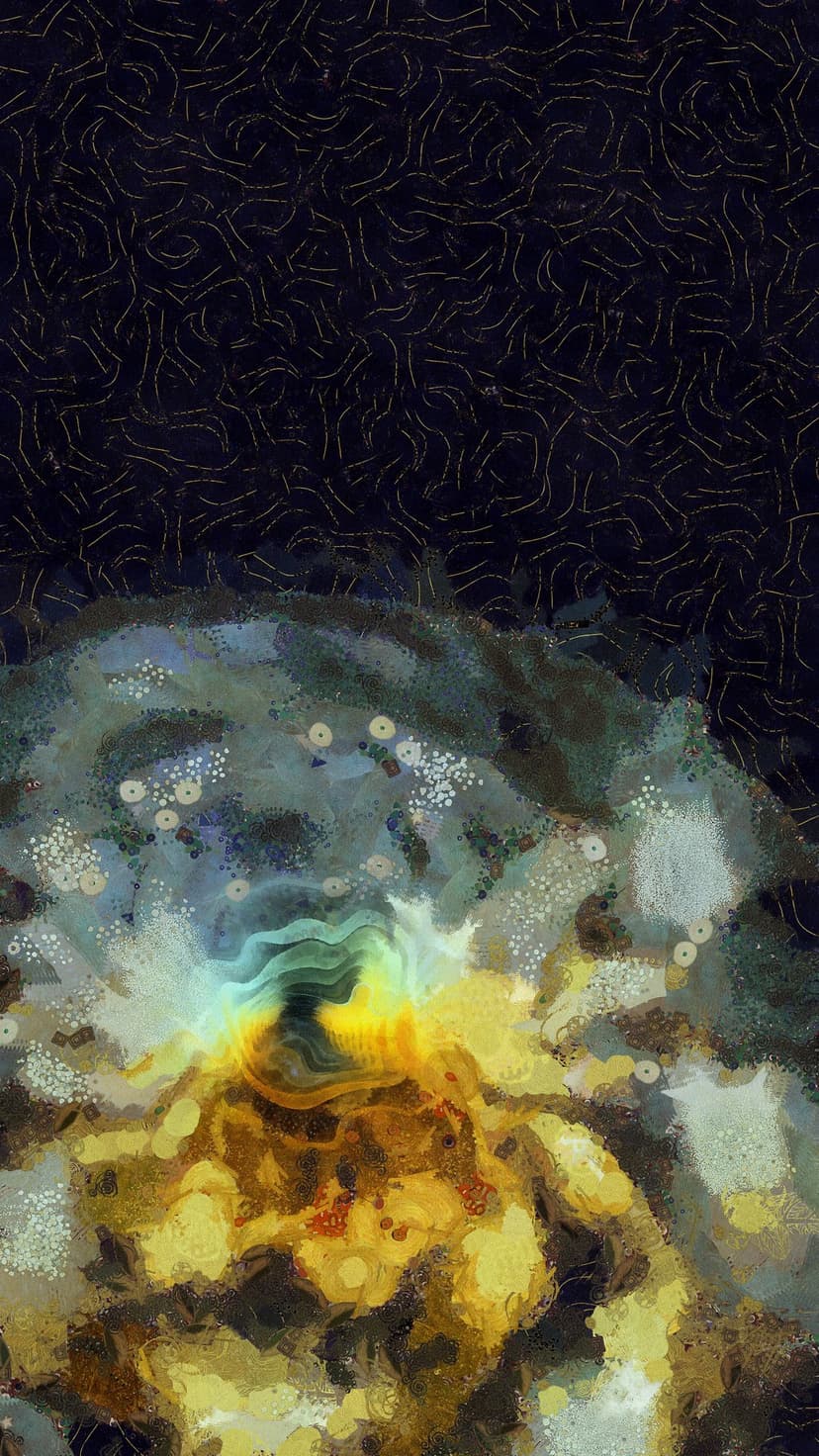Gold and yellow nebula clouds swirl through deep blue space with fine gold lines and tiny white star points.