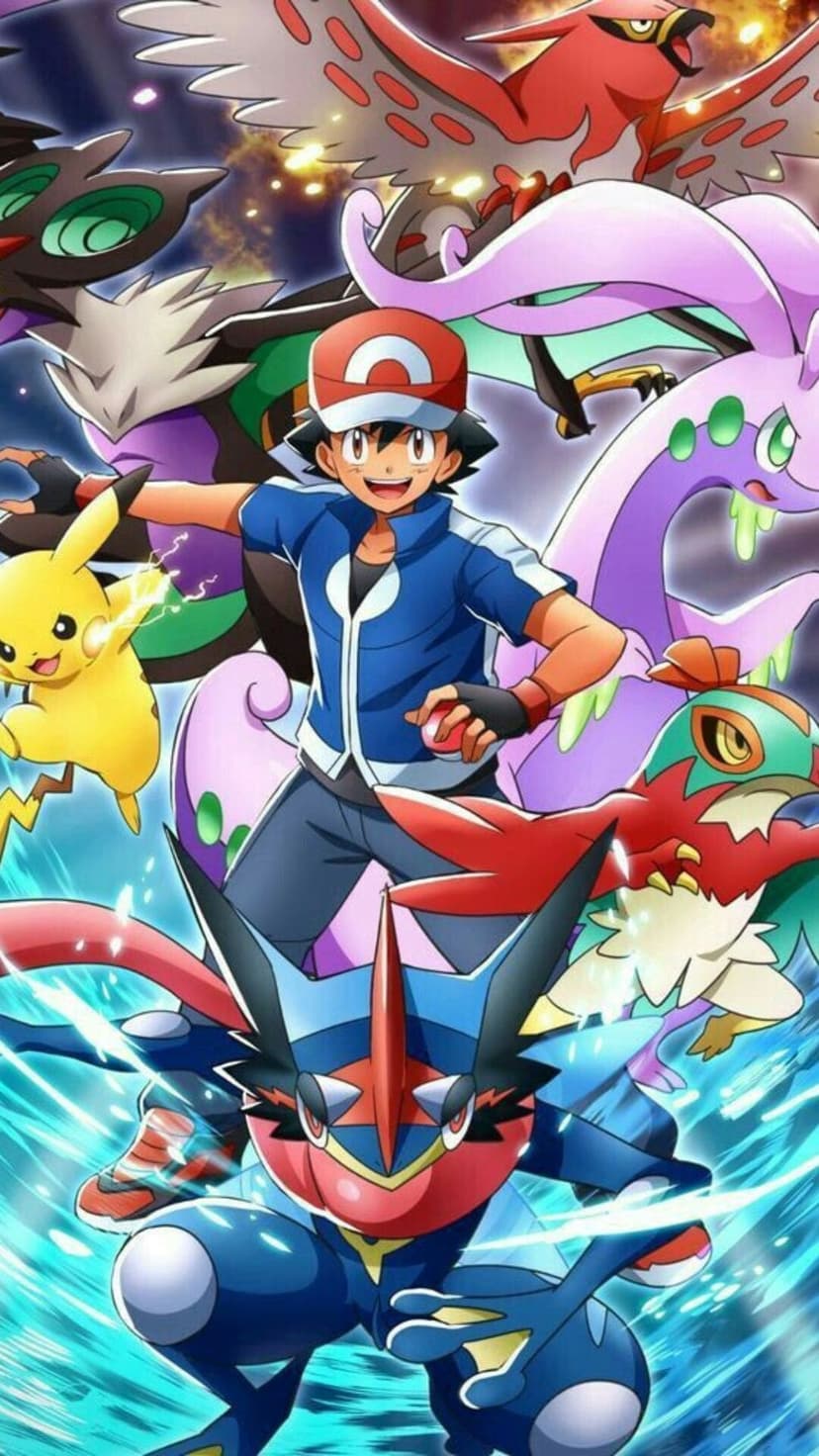 Ash Ketchum and his Kalos Pokemon team pose in a vibrant, heroic scene with Ash-Greninja and Pikachu.