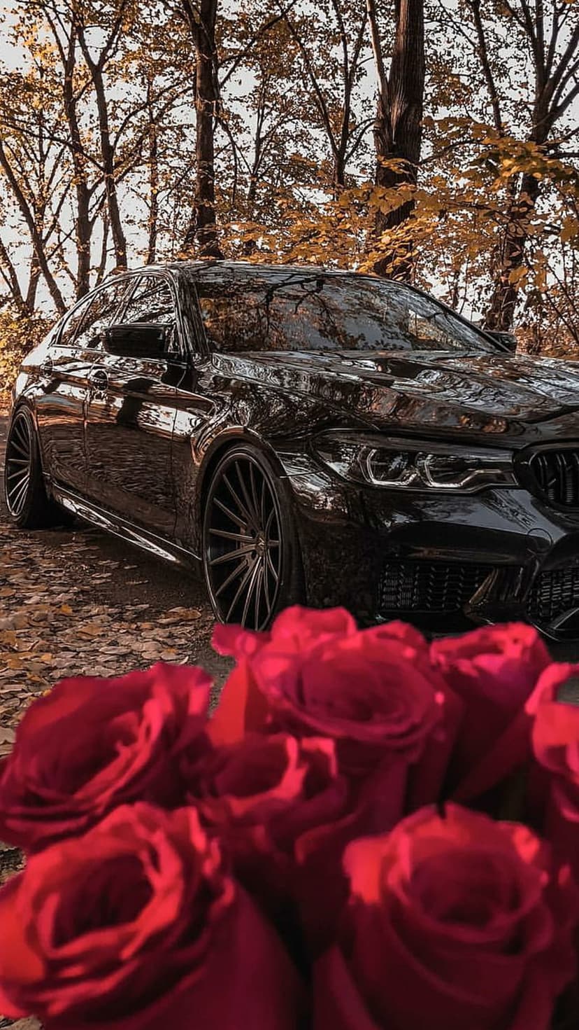 Black BMW M5 sedan parked on a leaf-covered road in a yellow autumn forest with red roses in the foreground.