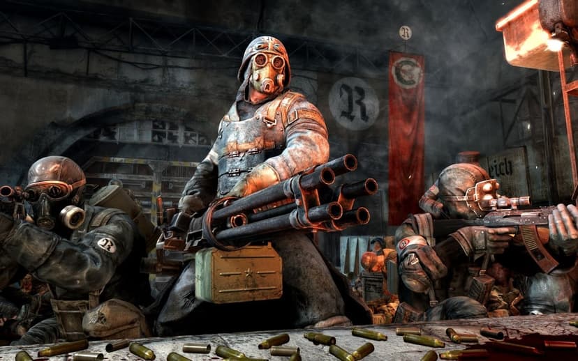 Armored soldiers in gas masks hold heavy weapons in a dark industrial bunker with spent bullet casings.