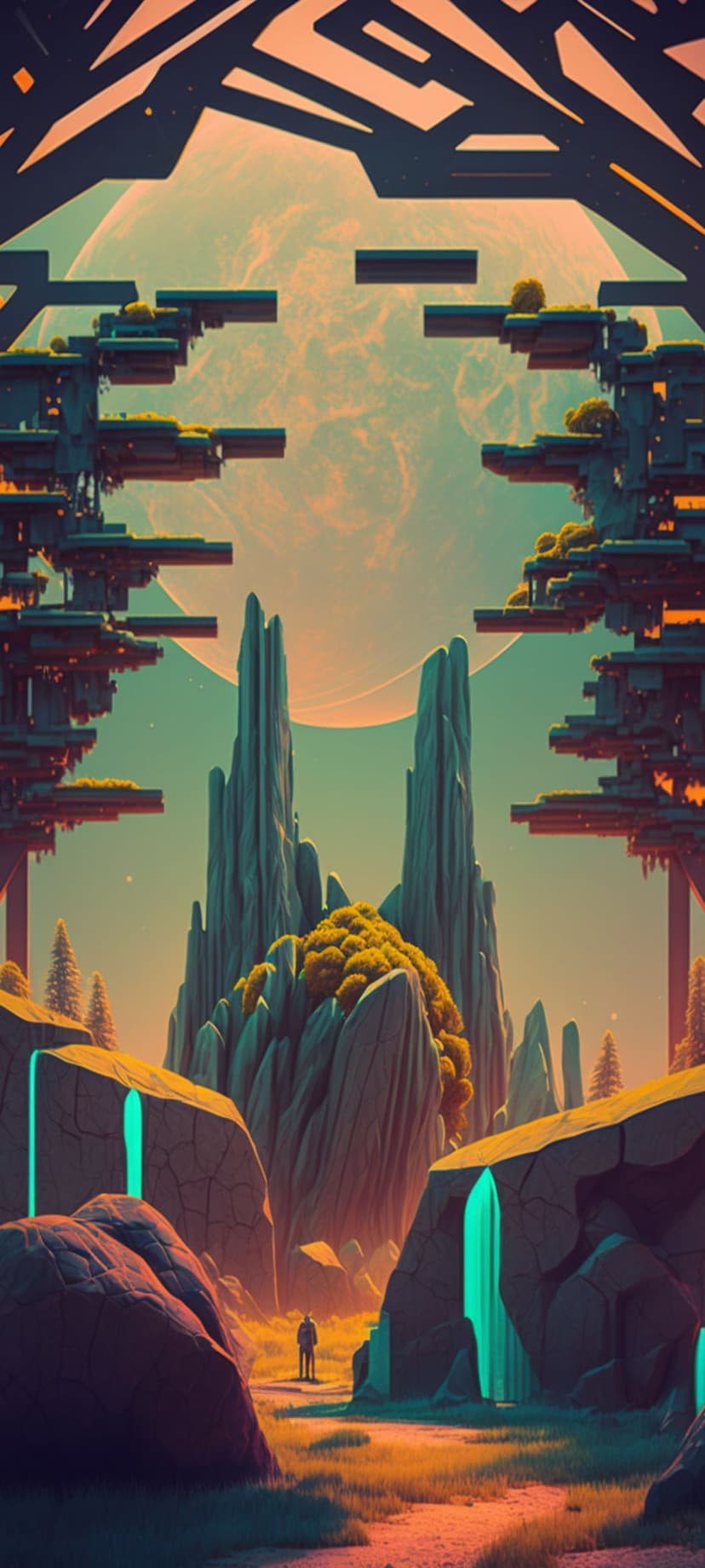 Giant moon looms over jagged peaks and futuristic structures as turquoise energy flows through desert terrain.
