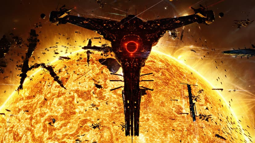 Massive dark spaceship centered before a glowing yellow sun surrounded by smaller vessels in deep space.