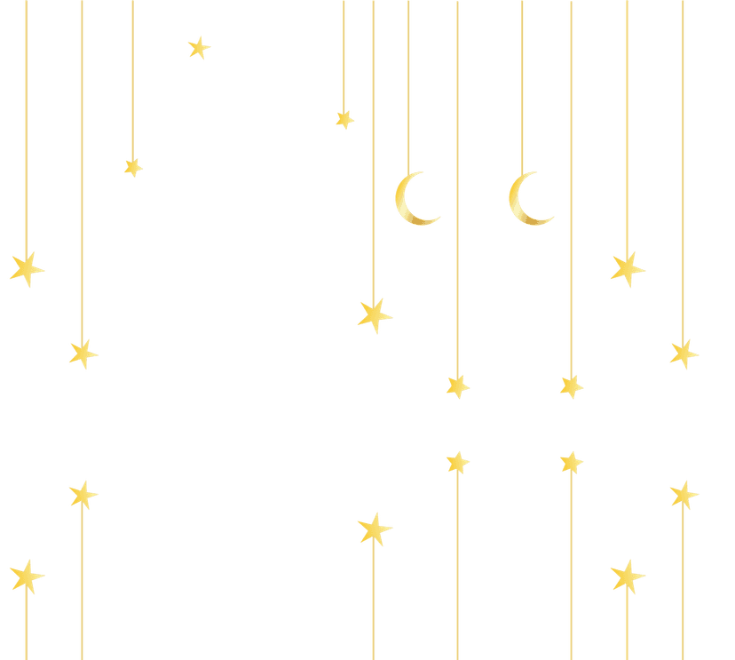 Ramadan moon mosque illustration featuring a golden crescent, mosque silhouette, and hanging stars on a blue background.