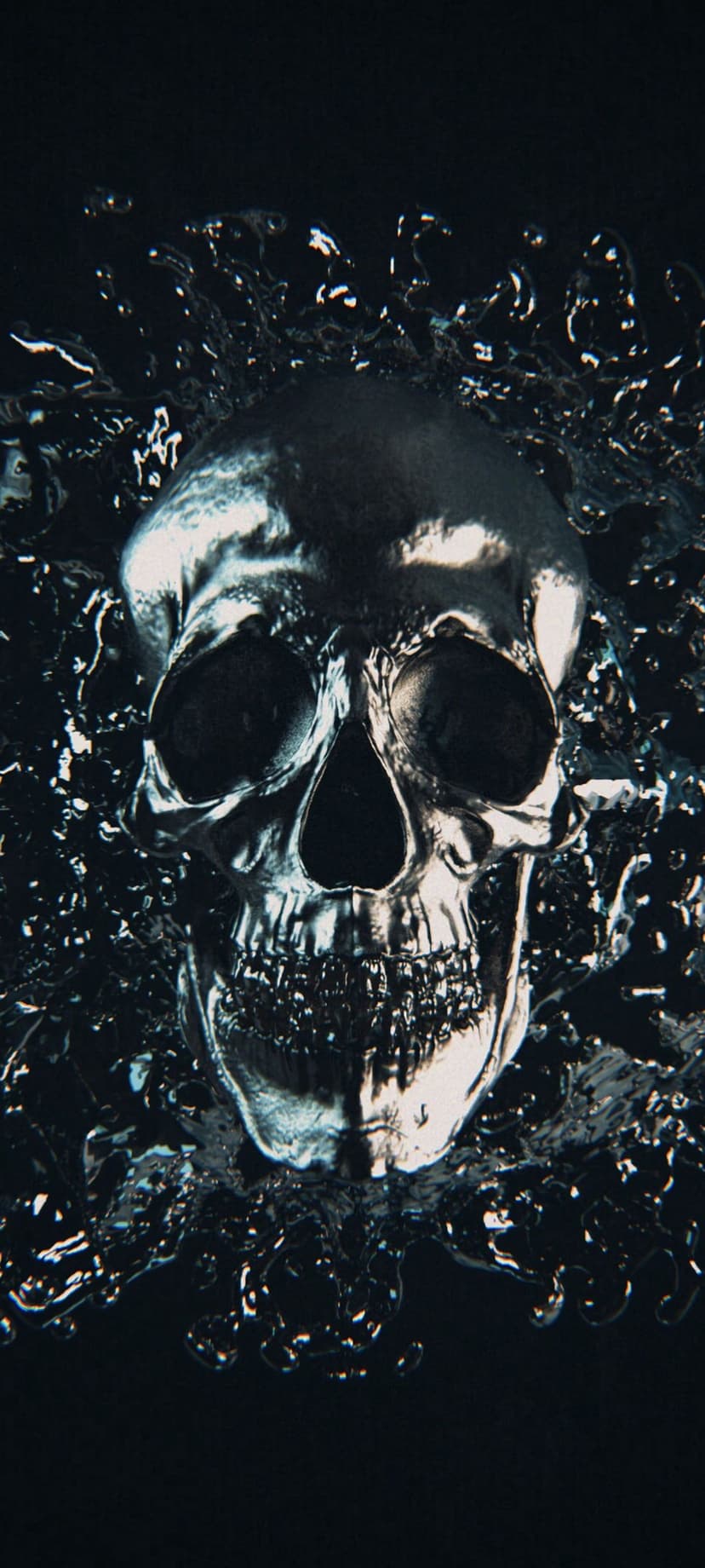 Polished metallic skull emerging from a splash of dark liquid against a solid black backdrop with sharp highlights.