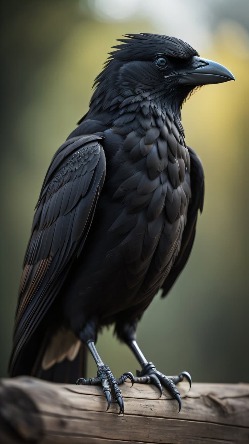 Black raven with glossy feathers perches on a rustic log against a blurred green and yellow forest backdrop.