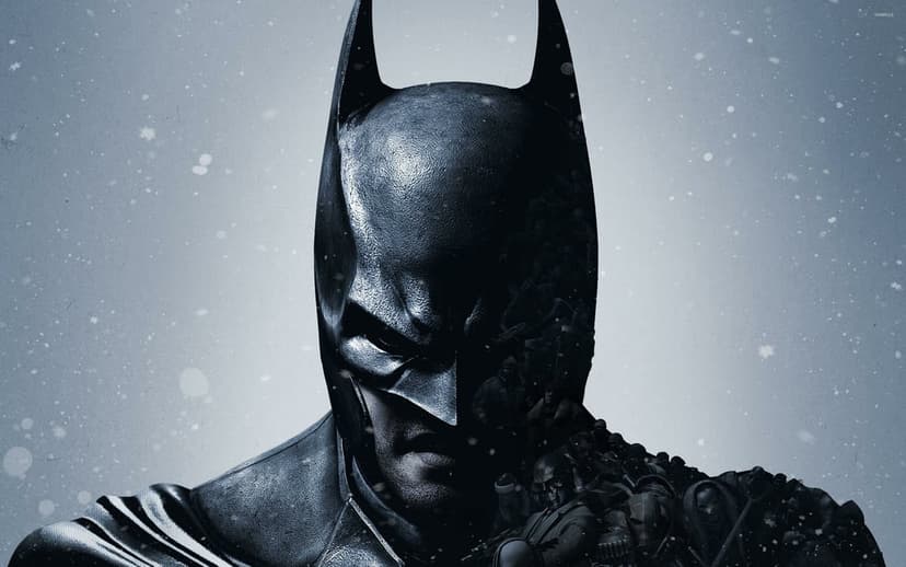 Batman's gritty, textured cowl in a snowy landscape with character silhouettes integrated into the dark shadows.