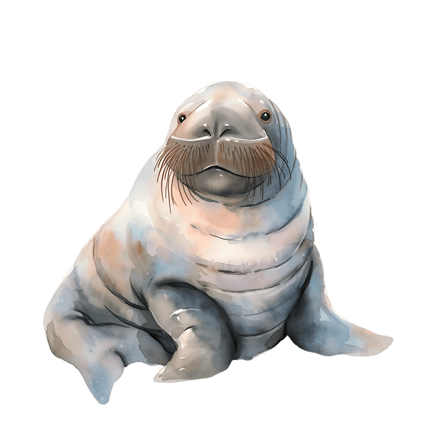 Walrus watercolor illustration featuring prominent ivory tusks and detailed whiskers against a black background.