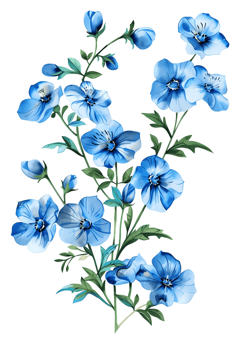 Blue flower bouquet with layered sapphire petals and green leaves in a centered botanical illustration style.