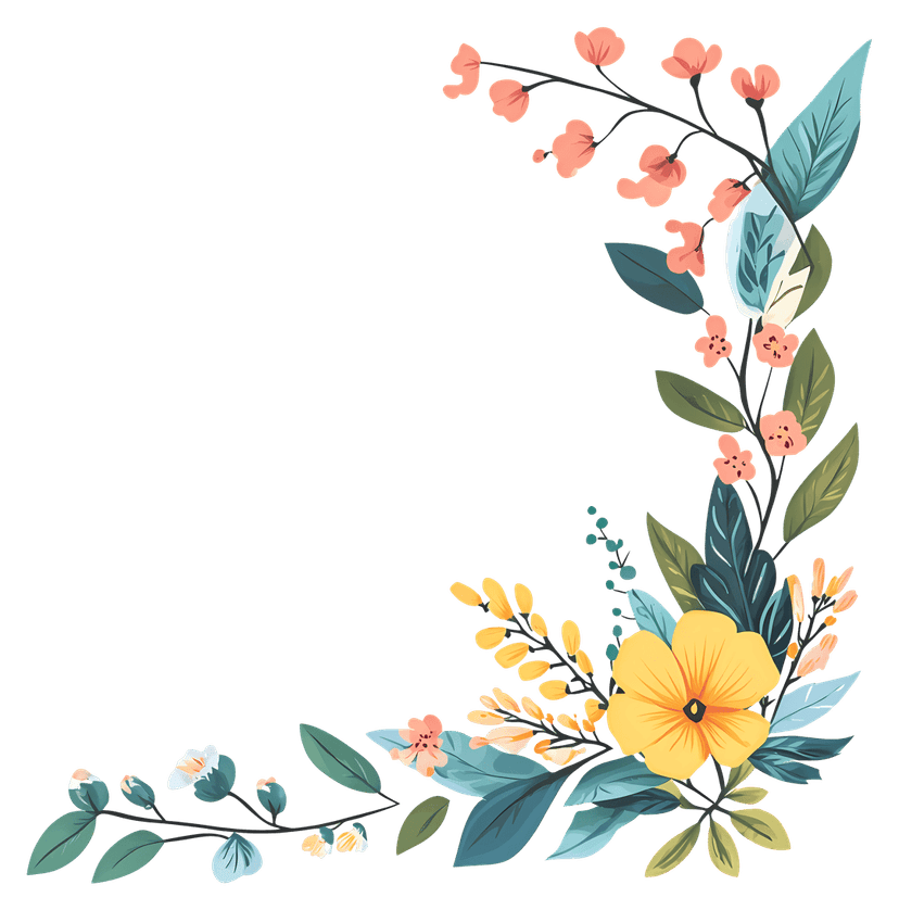 Yellow floral corner illustration features stylized blooms and green leaves arranged in a crisp L-shaped border.