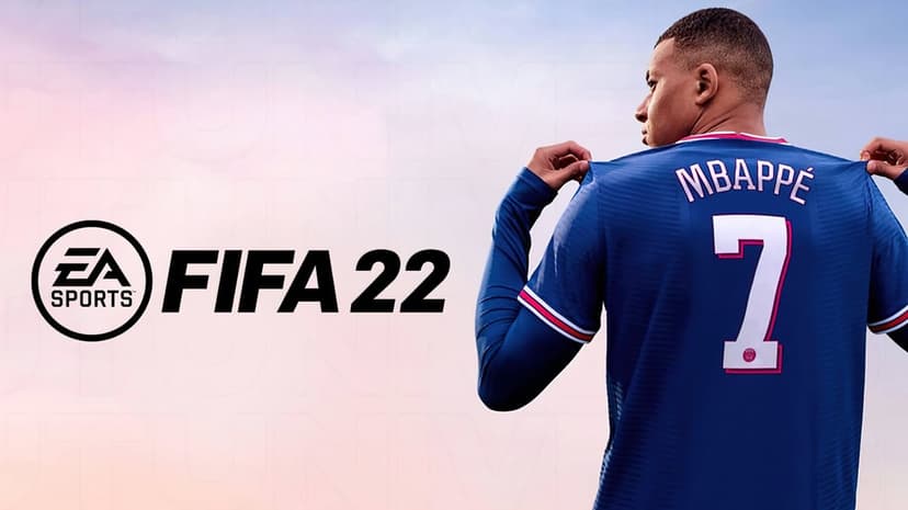 Kylian Mbappé from behind in a blue PSG jersey with number 7 and FIFA 22 logo on a soft sky background.