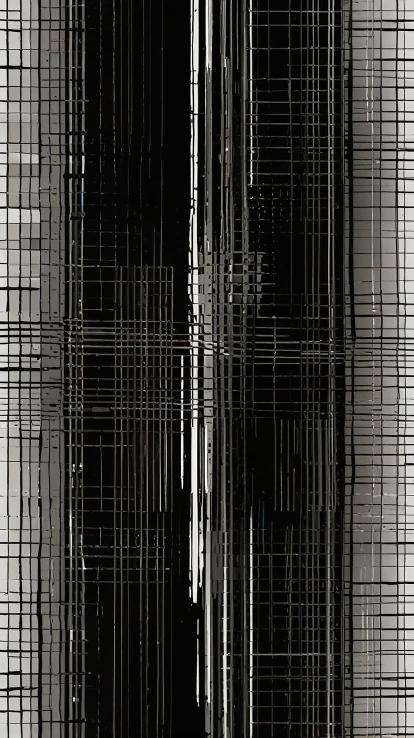 Geometric black and white grid composed of thin intersecting lines and shaded rectangular forms with depth.